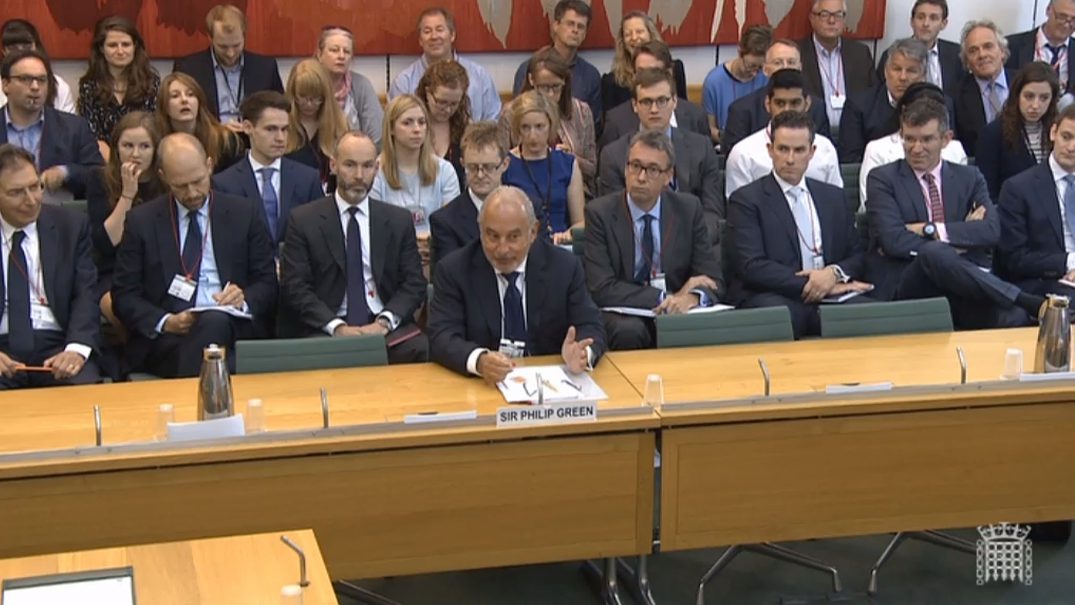 Disgraced business leader Philip Green gives evidence to the Business, Innovation and Skills Committee about the collapse of BHS. Photo: PA Wire/PA images.